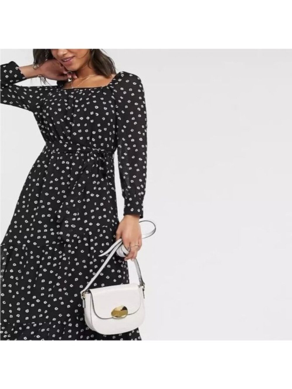 Y.A.S. Clara Midi Ditsy Floral Dress Black White Belt Missing Medium Cottagecore